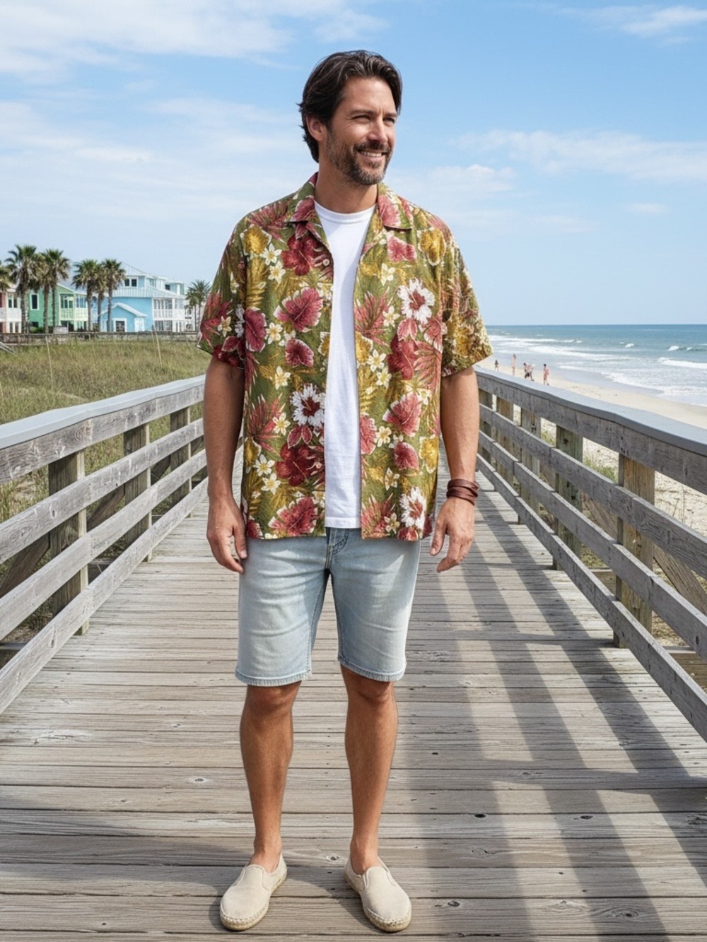 Olive Green Floral Short-Sleeve Button-Down Shirt